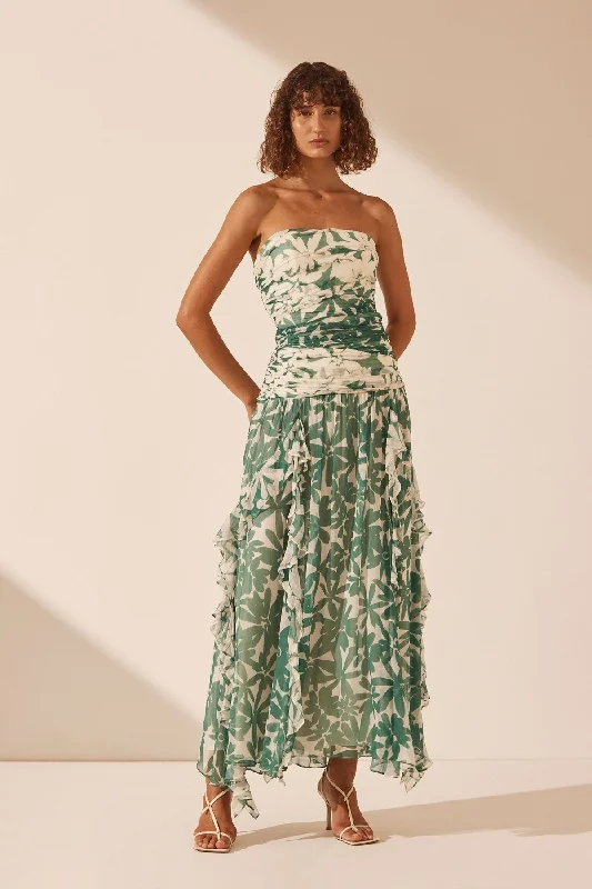 Maxi Women Dress with Floral Print for a Bohemian VibeMARGUERITE STRAPLESS CONTRAST MAXI DRESS