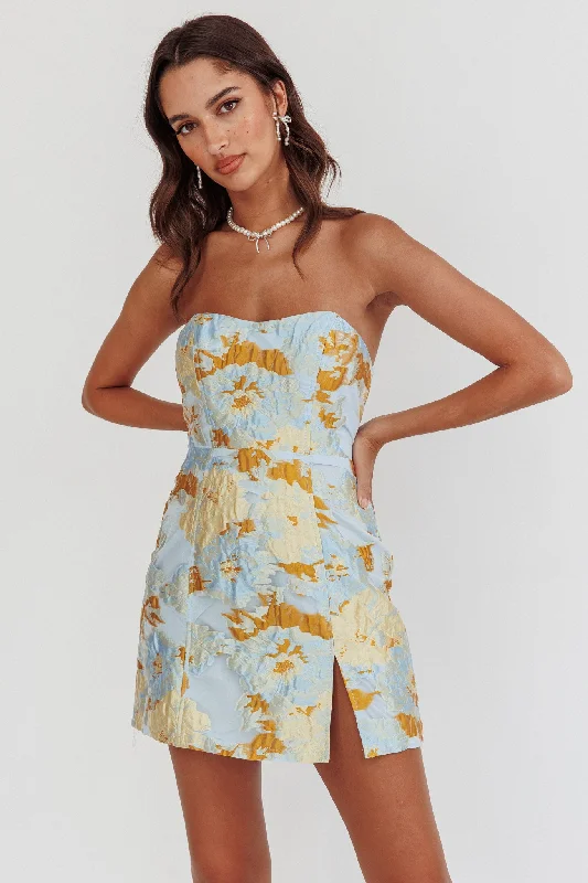 Sleeveless Women Dress in Bright Colors for Summer PartiesMarlina Strapless Jacquard Mini Dress Blue