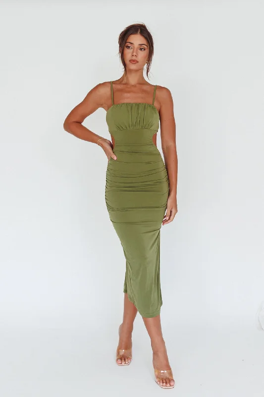Plus Size Women Dress with a Flattering A - Line Cut for Comfort and StyleMary Jane Gathered Bust Tie Back Midi Dress Olive