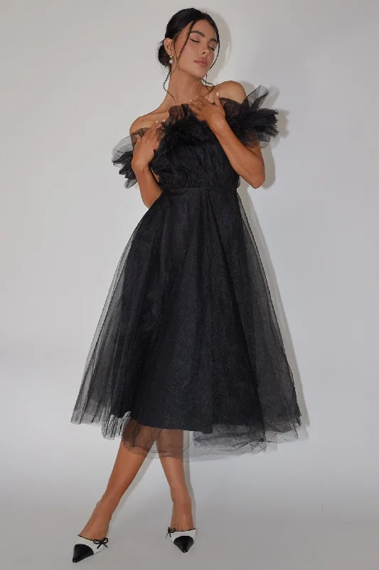 Little Black Women Dress with Sequins for a Glamorous Night OutMay Rose Off-Shoulder Tulle Midi Dress Black Little Black Women Dress with Sequins for a Glamorous Night OutMay Rose Off-Shoulder Tulle Midi Dress Black