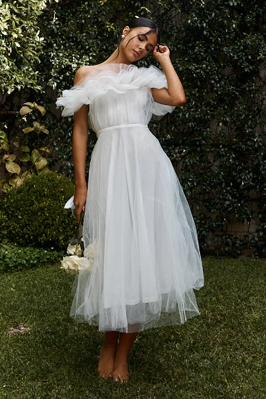 Wrap - Style Women Dress with Adjustable Fit for All Body TypesMay Rose Off-Shoulder Tulle Midi Dress Off White