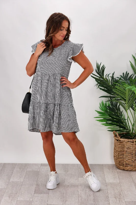 Miracle Lace Trim Gingham Ruffle Dress Black