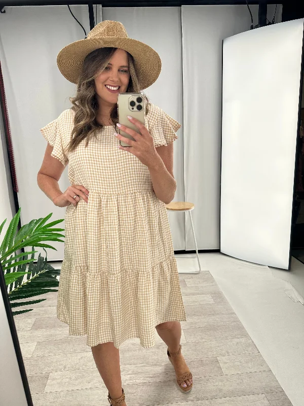 Miracle Lace Trim Gingham Ruffle Dress Latte