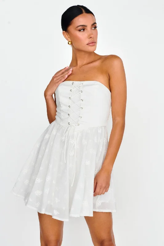 Off - the - Shoulder Women Dress for a Romantic and Feminine LookMon Petit Lace-Up Bodice Mini Dress White Off - the - Shoulder Women Dress for a Romantic and Feminine LookMon Petit Lace-Up Bodice Mini Dress White