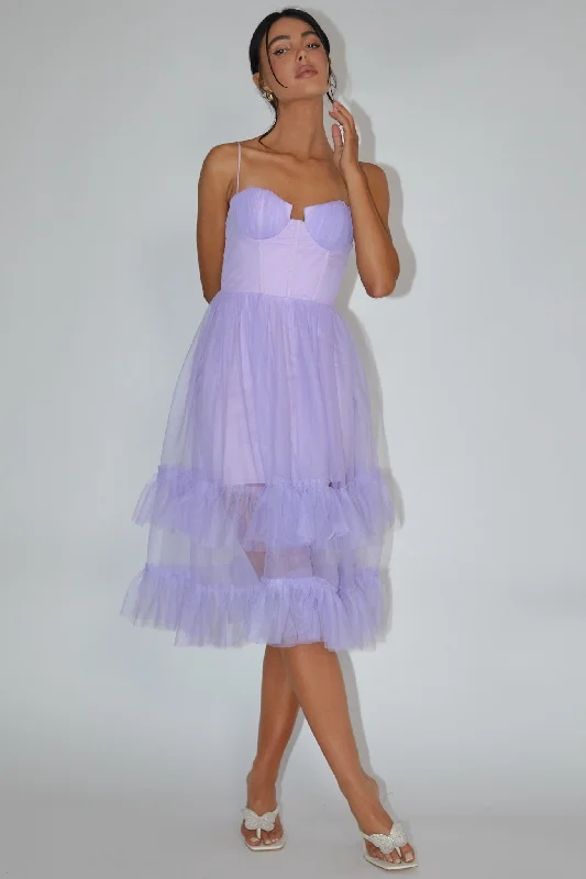 Off - the - Shoulder Women Dress for a Romantic and Feminine LookMoonlight Sonata Ruffle Mesh Midi Dress Lilac