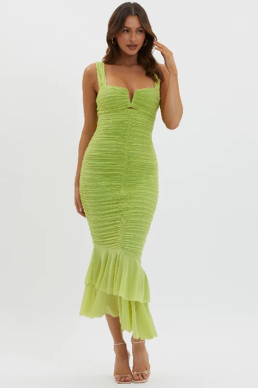 Mermaid - Style Women Dress with a Fitted Silhouette for Special OccasionsNadia Ruched Fishtail Maxi Dress Lime