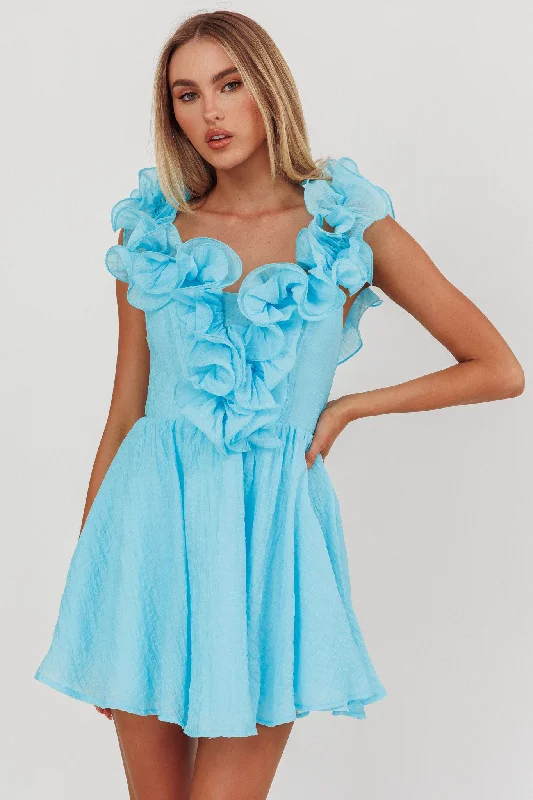 Off - the - Shoulder Women Dress for a Romantic and Feminine LookNivaya Ruffle Neckline Mini Dress Ocean