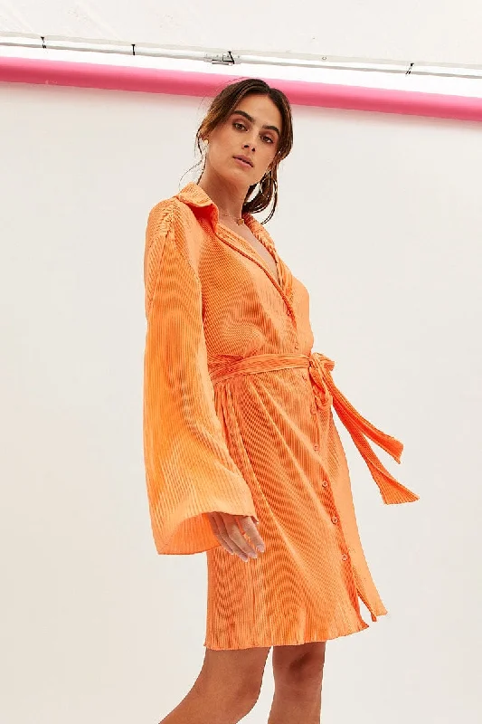 Sleeveless Women Dress in Bright Colors for Summer PartiesOrange Plisse Shirt Dress Front Button