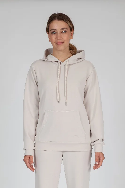 Women's cropped sweatshirt with a slogan graphic for a fun and expressive lookPremium luxe sueded scuba hoodie in bone Women's cropped sweatshirt with a slogan graphic for a fun and expressive lookPremium luxe sueded scuba hoodie in bone