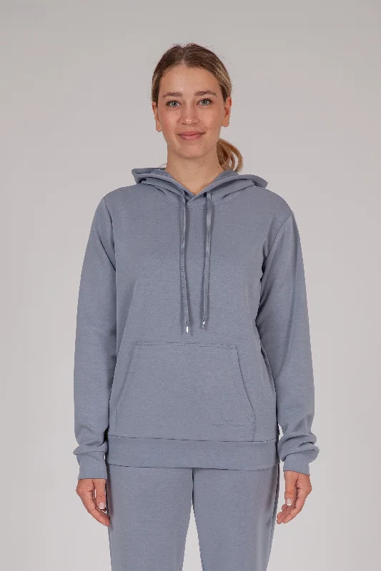 Women's hoodie with a kangaroo pocket and a pom - pom drawstring for added charmPremium luxe sueded scuba hoodie in dusty blue Women's hoodie with a kangaroo pocket and a pom - pom drawstring for added charmPremium luxe sueded scuba hoodie in dusty blue