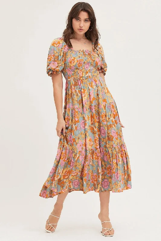 Wrap - Style Women Dress with Adjustable Fit for All Body TypesPrint Maxi Dress Short Sleeve