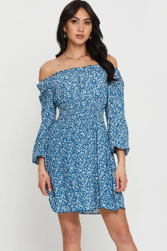 Empire Waist Women Dress to Accentuate the Bust and Conceal the WaistPrint Mini Dress Off Shoulder