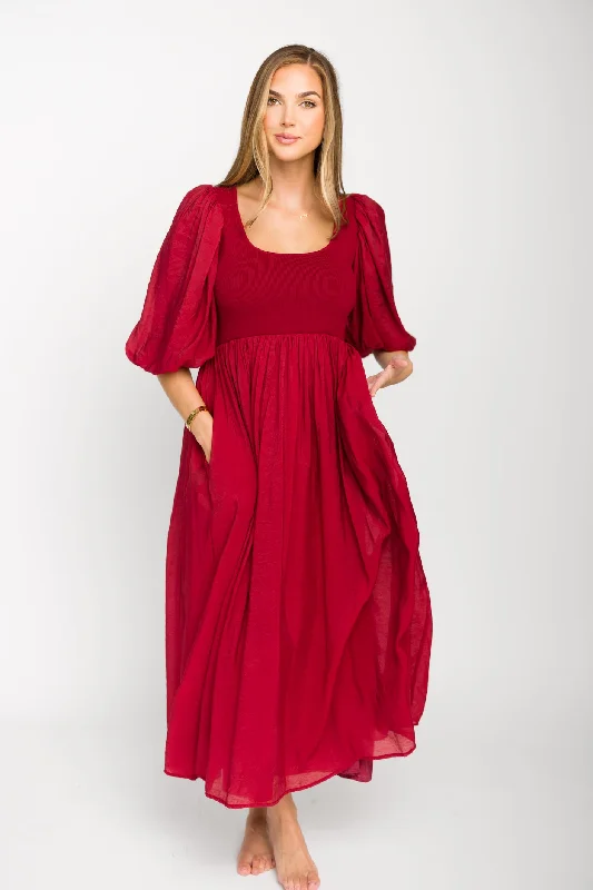 Off - the - Shoulder Women Dress for a Romantic and Feminine LookRaina Combination Midi Dress with Puff Sleeves in Burgundy - Bump Friendly