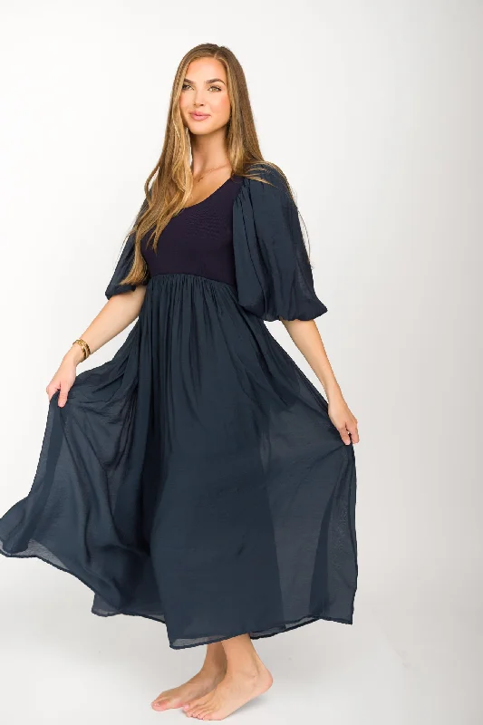 Empire Waist Women Dress to Accentuate the Bust and Conceal the WaistRaina Combination Midi Dress with Puff Sleeves in Navy - Bump Friendly