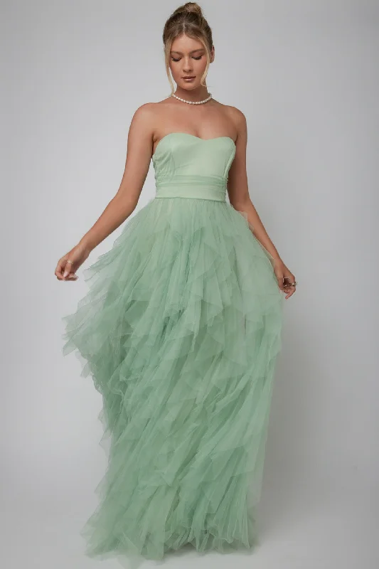 Sleeveless Women Dress in Bright Colors for Summer PartiesRori Tulle Cascade Maxi Dress Sage