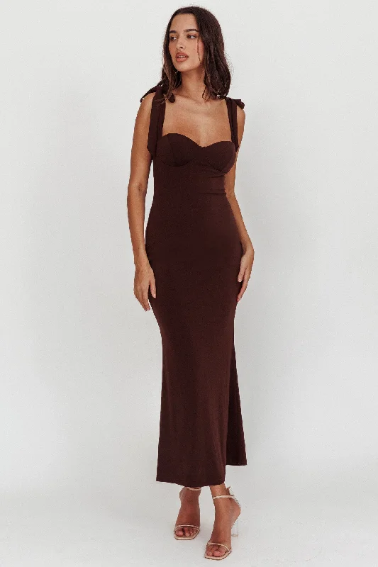 Plus Size Women Dress with a Flattering A - Line Cut for Comfort and StyleRose Garden Tied Shoulder Maxi Dress Brown Plus Size Women Dress with a Flattering A - Line Cut for Comfort and StyleRose Garden Tied Shoulder Maxi Dress Brown