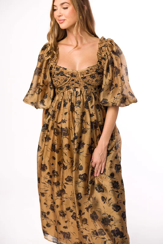 Pleated Women Dress with a Timeless and Elegant TextureHarlow Camel & Black Floral Maxi Dress with Stretchy Neckline - Bump Friendly (Read Description)