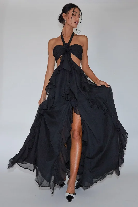 Backless Women Dress for a Sexy and Alluring Look at Evening EventsSantiago Cut-Out Ruffle Maxi Dress Black Backless Women Dress for a Sexy and Alluring Look at Evening EventsSantiago Cut-Out Ruffle Maxi Dress Black