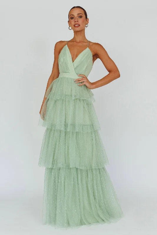 Wrap - Style Women Dress with Adjustable Fit for All Body TypesSeylah Tiered Frill Maxi Dress Glitter Sage Wrap - Style Women Dress with Adjustable Fit for All Body TypesSeylah Tiered Frill Maxi Dress Glitter Sage