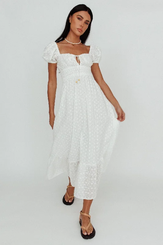 Sheath Women Dress with a Tailored Fit for a Professional LookSia Puff Sleeve Eyelet Maxi Dress White