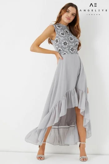 Off - the - Shoulder Women Dress for a Romantic and Feminine LookSilver High Neck Embroidered High Low Dress