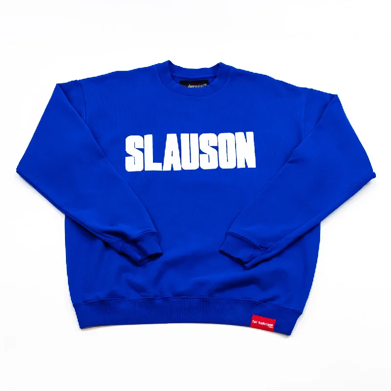 Women's long - sleeve cropped sweatshirt with ribbed cuffs for a snug fitSlauson Block Print Crewneck Sweatshirt - Royal / White Women's long - sleeve cropped sweatshirt with ribbed cuffs for a snug fitSlauson Block Print Crewneck Sweatshirt - Royal / White