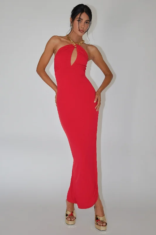 Pleated Women Dress with a Timeless and Elegant TextureSlow Dance Chain Halter Midi Dress Red Pleated Women Dress with a Timeless and Elegant TextureSlow Dance Chain Halter Midi Dress Red