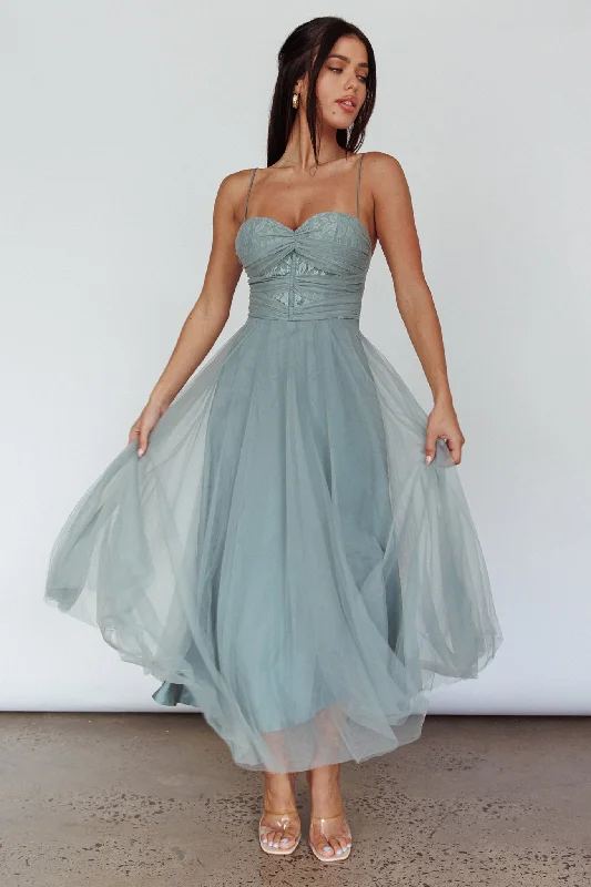 Ruffled Women Dress with Multiple Layers for a Playful and Girly StyleSmitten Lace Insert Tulle Midi Dress Sage Ruffled Women Dress with Multiple Layers for a Playful and Girly StyleSmitten Lace Insert Tulle Midi Dress Sage