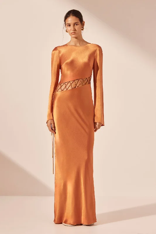 SOFIA ASYMMETRICAL LACE UP MAXI DRESS - GINGER