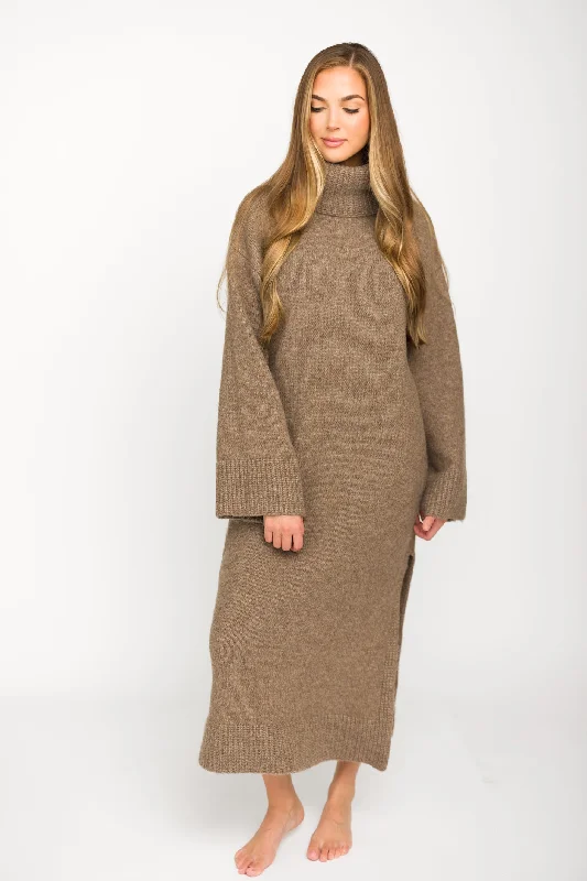 Halter Neck Women Dress to Show Off the Shoulders and NecklineMelissa Cowl-Neck Sweater Midi Dress in Light Mocha