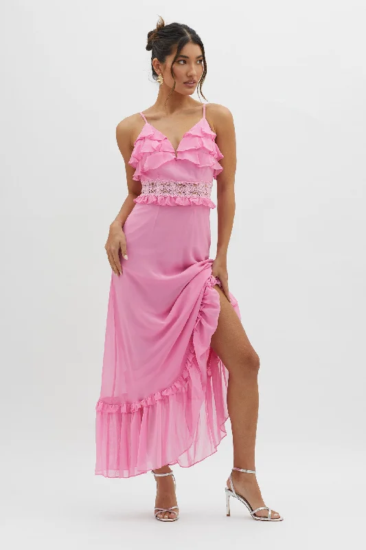 Lace - Embellished Women Dress for an Elegant and Sophisticated AppearanceSpirited Ruffle Bust Maxi Dress Pink Lace - Embellished Women Dress for an Elegant and Sophisticated AppearanceSpirited Ruffle Bust Maxi Dress Pink