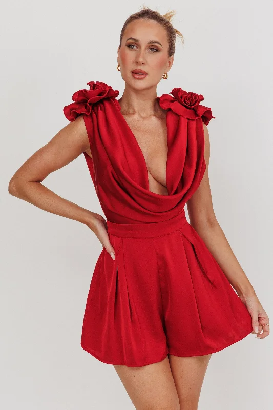 Pleated Women Dress with a Timeless and Elegant TextureSuperstar Draped Cowl Neck Rosettes Romper Wine Pleated Women Dress with a Timeless and Elegant TextureSuperstar Draped Cowl Neck Rosettes Romper Wine