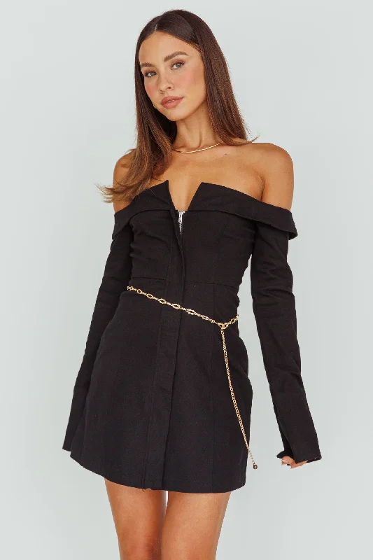 Empire Waist Women Dress to Accentuate the Bust and Conceal the WaistTamra Long Sleeve Off-Shoulder Zip Dress Black Empire Waist Women Dress to Accentuate the Bust and Conceal the WaistTamra Long Sleeve Off-Shoulder Zip Dress Black