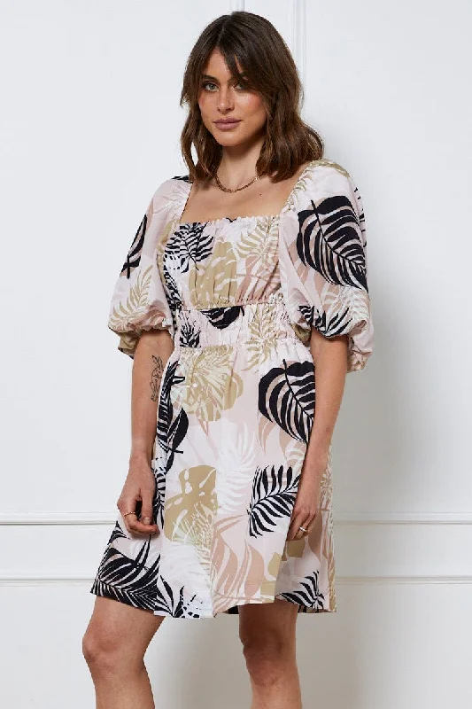 Backless Women Dress for a Sexy and Alluring Look at Evening EventsTrop Print Mini Dress Short Sleeve Square Neck