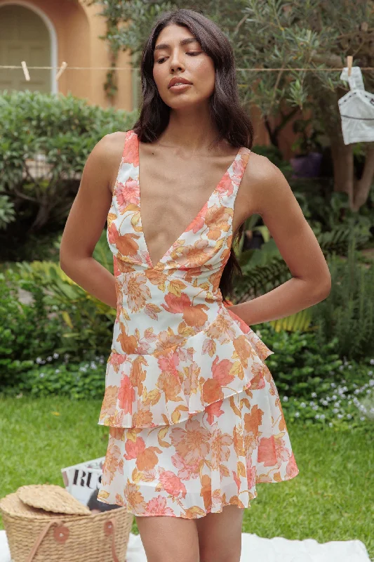 Plus Size Women Dress with a Flattering A - Line Cut for Comfort and StyleVeda Strappy Back Ruffle Mini Dress Floral Orange