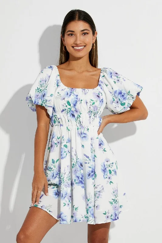 Sleeveless Women Dress in Bright Colors for Summer PartiesWhite Floral Fit And Flare Short Sleeve Off Shoulder