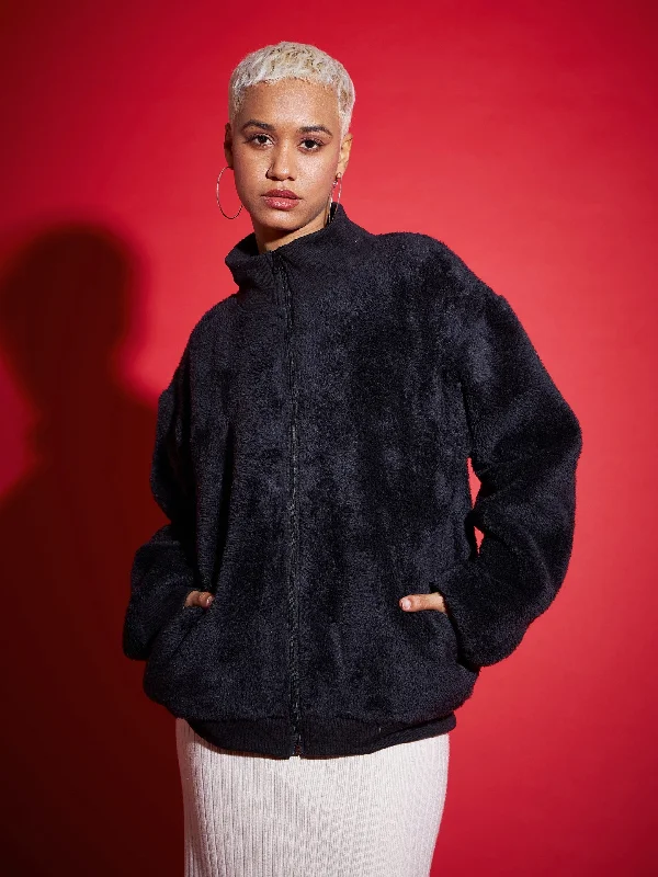 Bomber men jackets with ribbed cuffs for a classic 80s styleWomen Black Fur Front Zipper High Neck Jacket Bomber men jackets with ribbed cuffs for a classic 80s styleWomen Black Fur Front Zipper High Neck Jacket