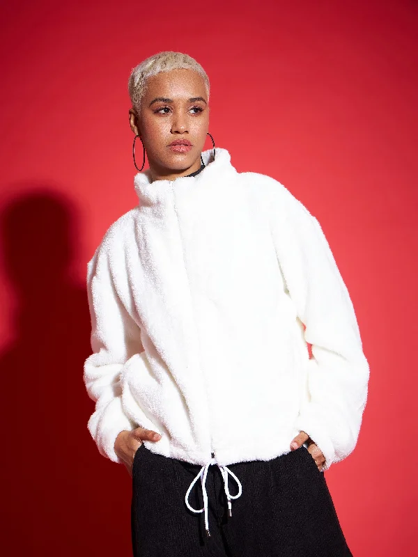Men jackets with a built - in hood that can be stowed away when not in useWomen White Fur Drawstring Jacket Men jackets with a built - in hood that can be stowed away when not in useWomen White Fur Drawstring Jacket