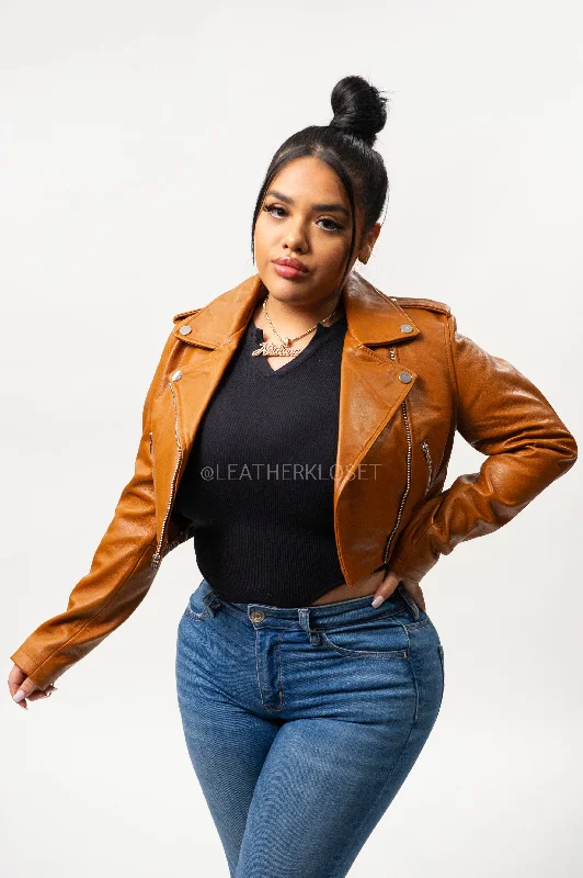 Down - filled men jackets in bright colors for winter fashionWomen's Classic Crop Biker Saddle Brown [SLIM FIT]