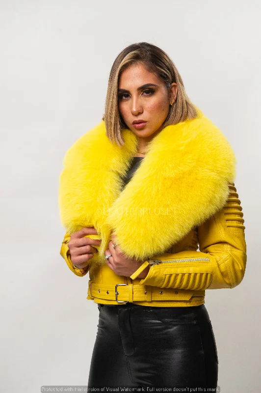 Fleece - lined men jackets for cold - weather commutingWomen's Trey Biker Yellow Oversized Fox Collar [Yellow Fox Fur]