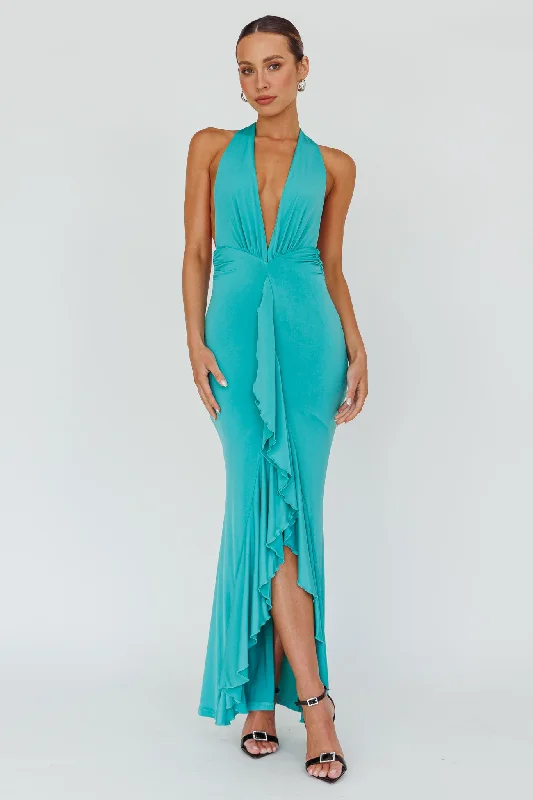 Strapless Women Dress with a Built - in Bra for Comfort and SupportZaphirah Halterneck Ruffle Dress Jade