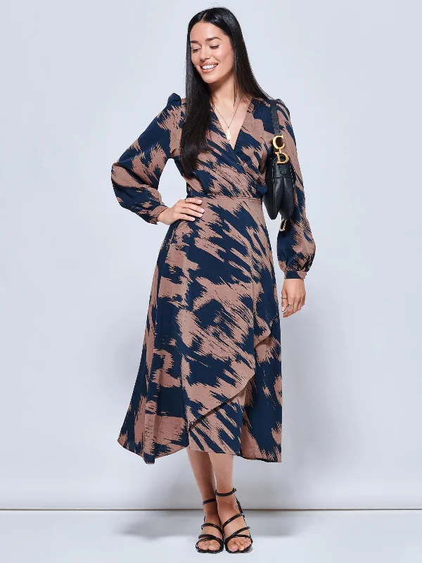 Denim maxi dresses with frayed hems for a casual lookAbstract Print Sleeved Wrap Midi Dress, Abstract Multi