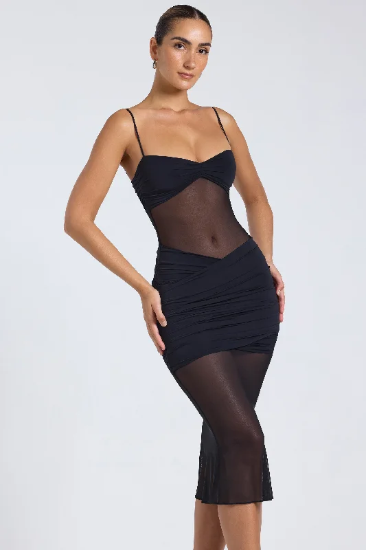 Maxi dresses with pom - pom trims for a playful and festive lookSheer Panelled Draped Midaxi Dress in Black Maxi dresses with pom - pom trims for a playful and festive lookSheer Panelled Draped Midaxi Dress in Black