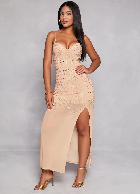 Printed maxi dresses with abstract patterns for an artistic lookRhinestone Mesh Side Slit Maxi Dress Printed maxi dresses with abstract patterns for an artistic lookRhinestone Mesh Side Slit Maxi Dress