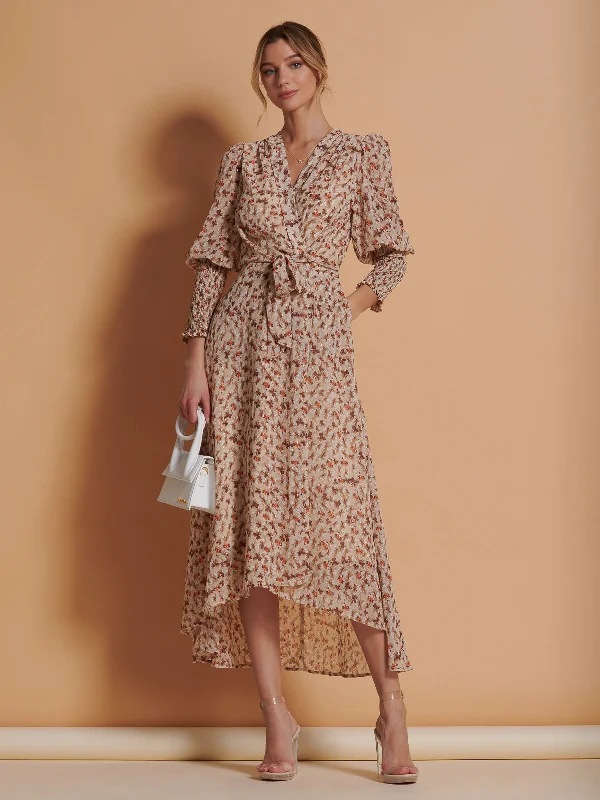 Maxi dresses with cold - shoulder cutouts for a trendy lookChiffon Print Tie Waist Maxi Dress, Beige Floral Maxi dresses with cold - shoulder cutouts for a trendy lookChiffon Print Tie Waist Maxi Dress, Beige Floral