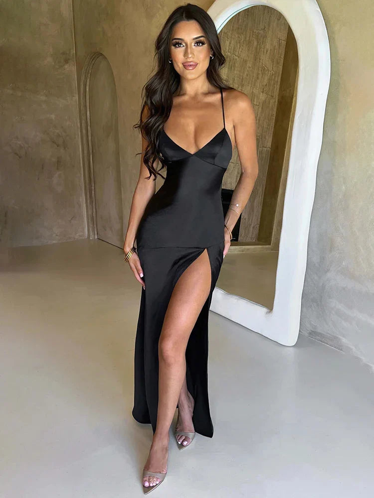 Long Slim Bodycon Spaghetti Strap Split Nightclub Sexy Spring Summer Maxi Dress