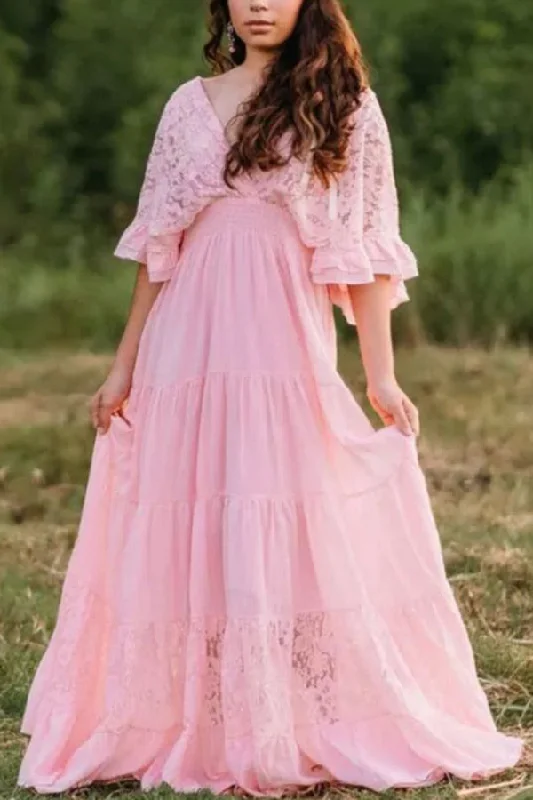 Maxi dresses with a keyhole back for a sexy detailCustom Pink Lace Puffy Sleeves Maternity Photoshoot Gown Maxi dresses with a keyhole back for a sexy detailCustom Pink Lace Puffy Sleeves Maternity Photoshoot Gown