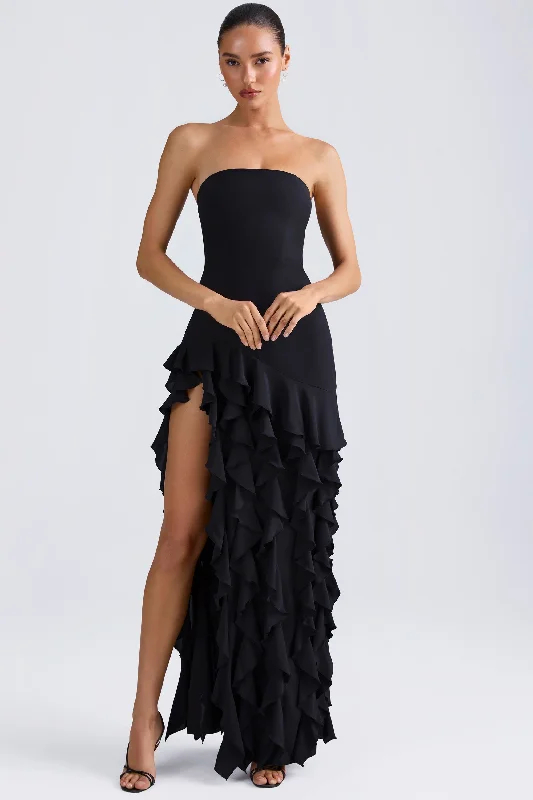 Maxi dresses with an asymmetric hem for a fashion - forward and eye - catching designRuffle-Trim Strapless Gown in Black Maxi dresses with an asymmetric hem for a fashion - forward and eye - catching designRuffle-Trim Strapless Gown in Black