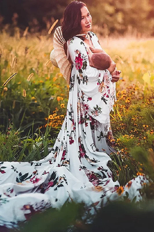 Maxi dresses with a cinched waist for a defined silhouetteFloral V-neck Bat Sleeves Long Maternity Photoshoo Dress Maxi dresses with a cinched waist for a defined silhouetteFloral V-neck Bat Sleeves Long Maternity Photoshoo Dress