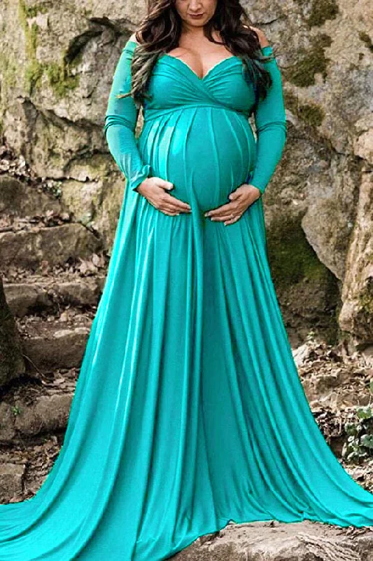 Maxi dresses with fringe trim for a bohemian vibeGorgeous Off-the-shoulder A-line Maternity Photoshoot Dress Maxi dresses with fringe trim for a bohemian vibeGorgeous Off-the-shoulder A-line Maternity Photoshoot Dress